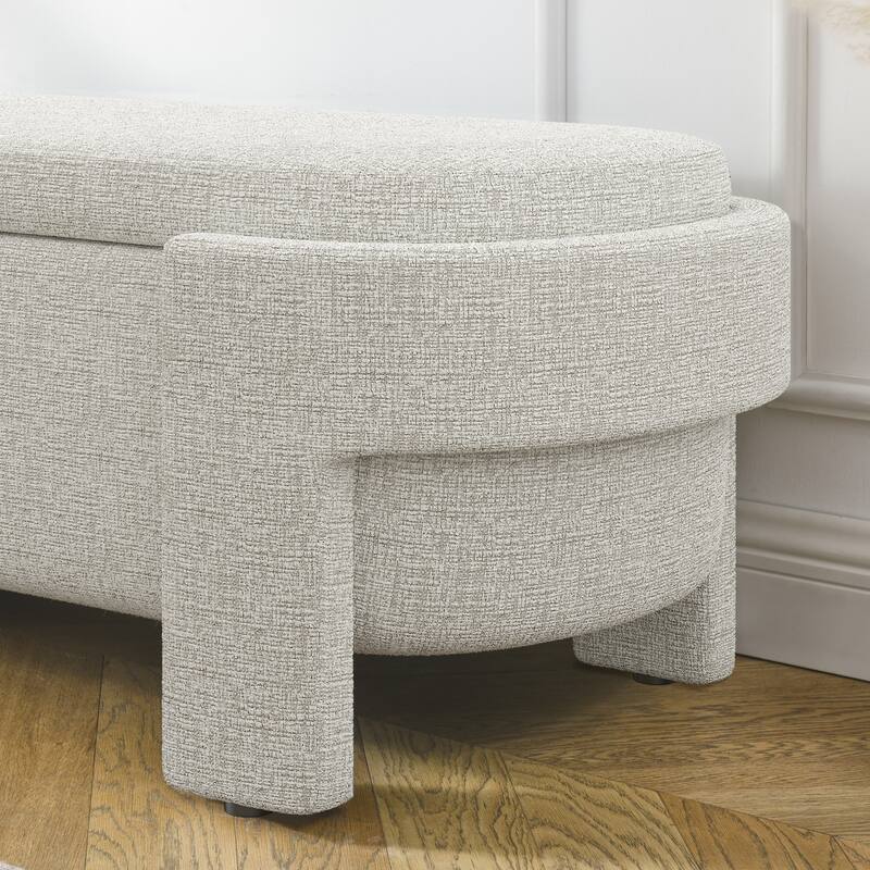 Oval End of Bed Bench, Linen Fabric Upholstered Storage Bench, Entryway Bench with Hidden Storage Space & Support Legs