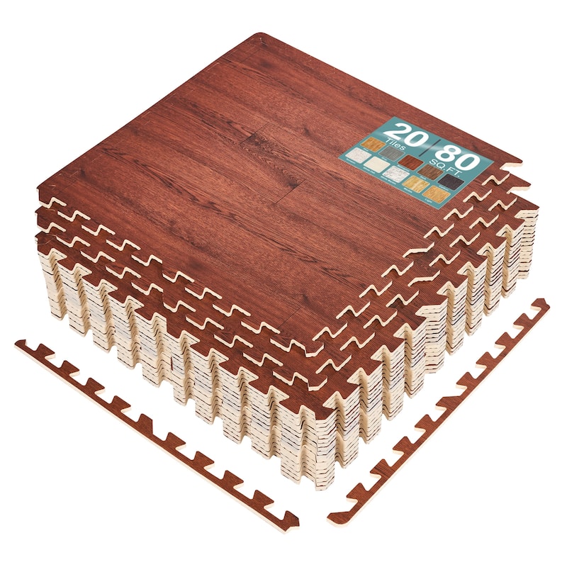 Sorbus 80 Sq. Ft. Wood Grain Floor Tiles Foam Mat EVA Interlocking Mats Tile 3/8-Inch Thick Flooring Wood Puzzle Exercise Mats - Mahogany