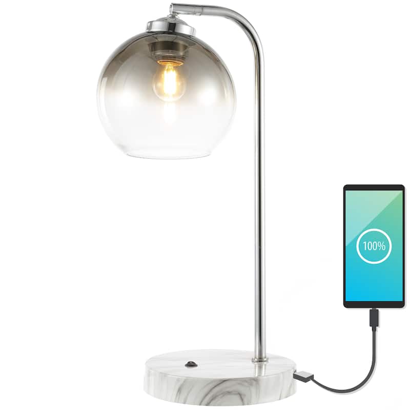 Penta 20" Industrial Contemporary Iron/Glass LED Task Lamp with USB Charging Port, Chrome/Smoke Gray by JONATHAN Y - Chrome
