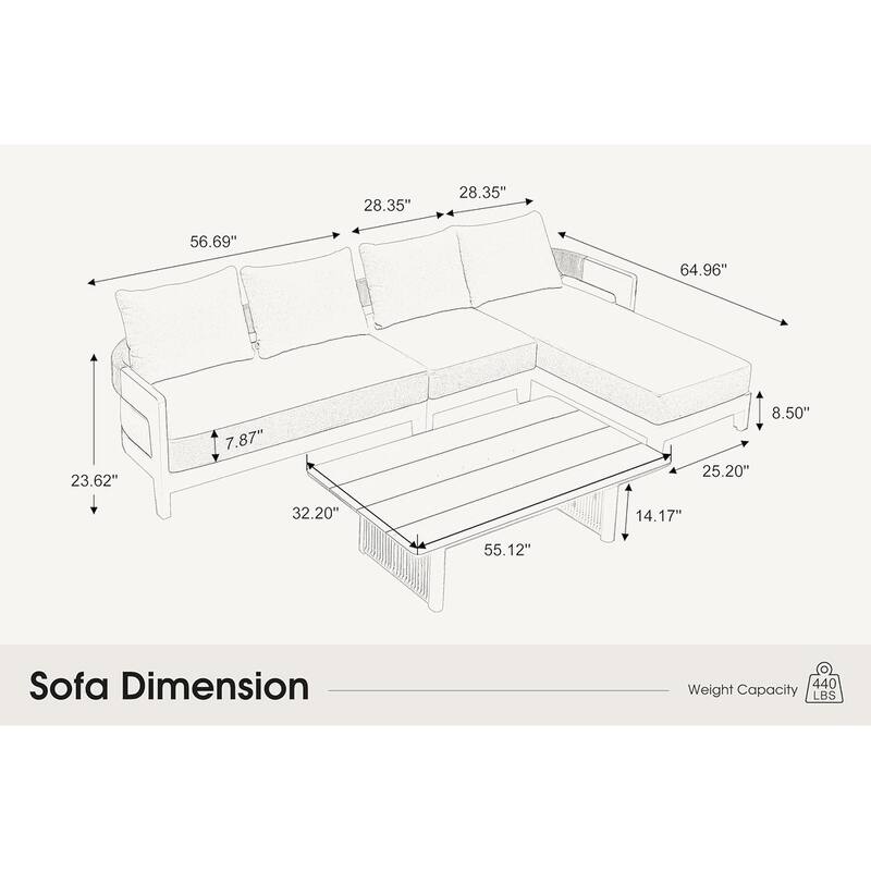 PURPLE LEAF Modern Aluminum Sectional Sofa with 7.87" Cushions for Yard Porch Deck Outdoor Conversation Sets