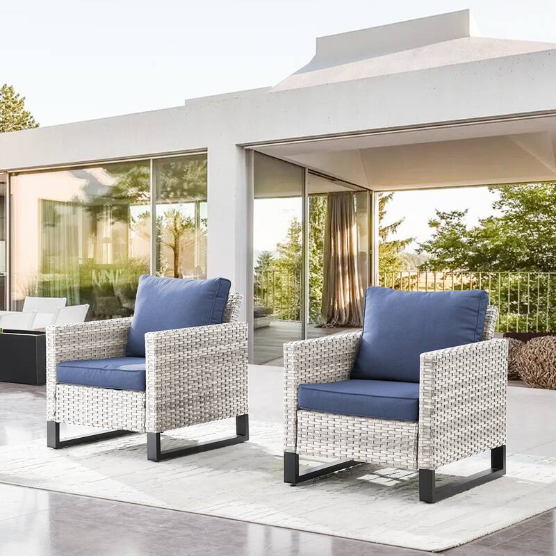 Gymojoy 2PCSOutdoor PE Rattan Wicker Club Chairs - Light Grey - Blue