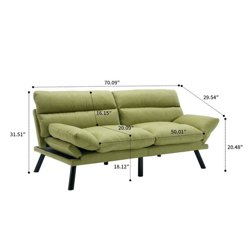 Modern style sofa futon with adjustable backrest and adjustable armrests, metal legs for bedroom living room flat dormitory