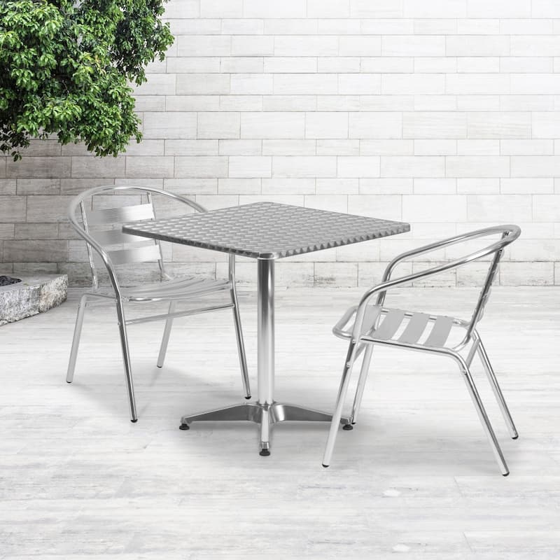27.5" Square Aluminum Indoor-Outdoor Table Set with 2 Slat Back Chairs - Aluminum