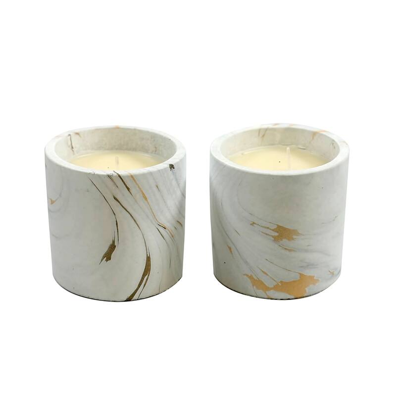 White and Gold Set of Two Marbled Candle Jars 7 Oz Elegant Home Decor