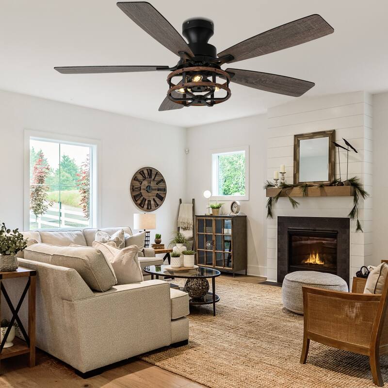 Cusp Barn 52-In Farmhouse Black Caged Ceiling Fan with Lights and Remote Control, Low Profile Flush Mount Chandelier Ceiling Fan