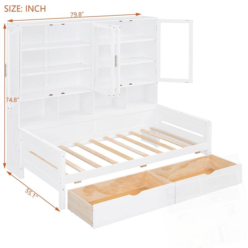 Wooden Daybed with Glass-Door Storage Cabinets Built-in LED Lighting and Shelves