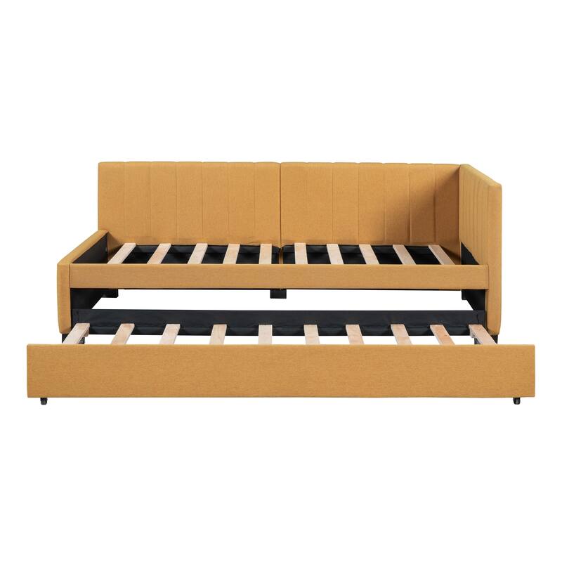 Twin Daybed Frame Linen Upholstered Sofa Bed L Shaped Backrest Mattress Holde Slat Support with Twin Size Trundle