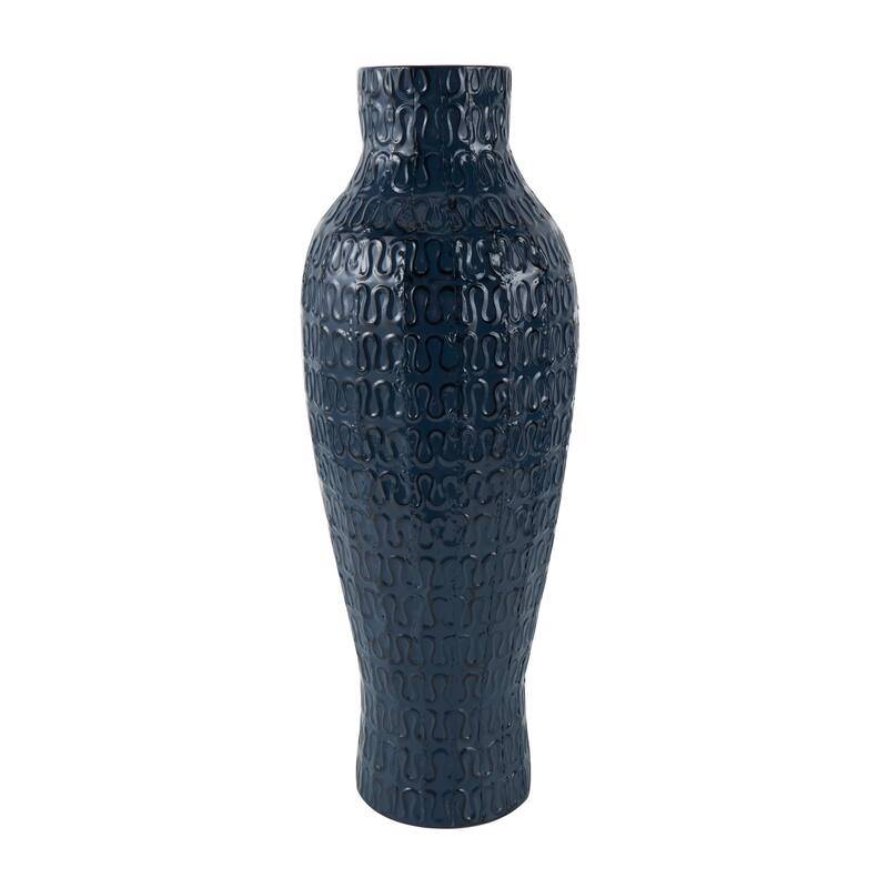 Dark Blue Metal Dimensional Textured Decorative Vase with Wavy Pattern