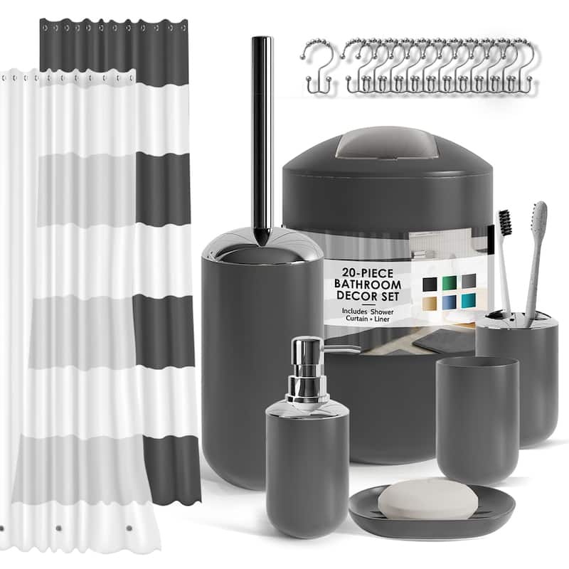 Clara Clark 20 Piece Complete Bathroom Accessories Kit with Shower Curtain Set - Gray