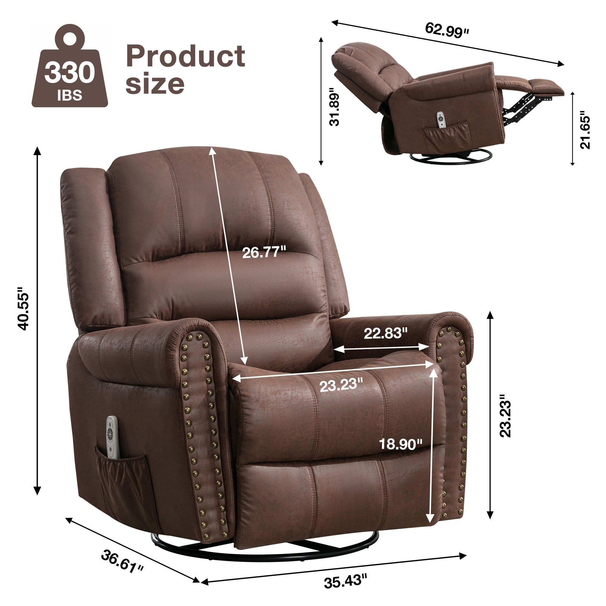 BTMWAY Heated Massage Recliner Chair, PU Leather Manual Recliner Couch with  Rocking Function, Cup Holder and Side Pocket, Ergonomic Reclining Sofa