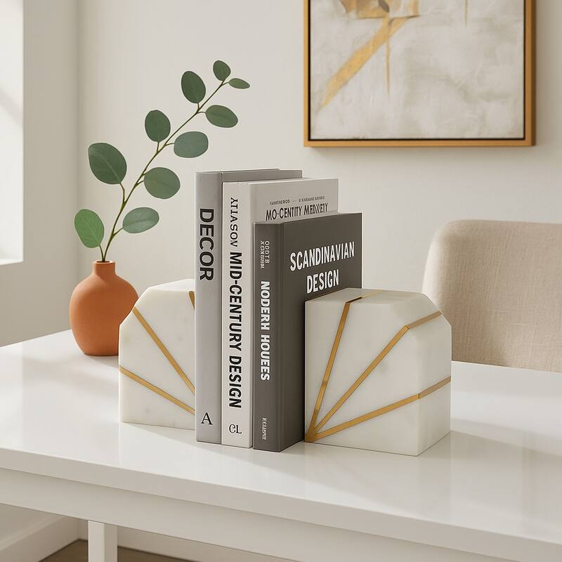 Modern Bookends with Marble and Brass Inlay for Home Decor - Set of 2, 5"