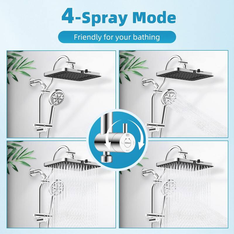 4-way Dual Shower Heads w/5-Spray Rain Shower&10-setting Hand Shower