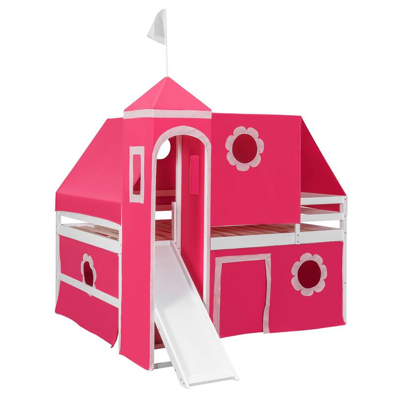 Pink Castle Loft Bed Full Size Bed Tent Frame for Kids with Tower, Slide, Charming window and Semi-enclosed Underbed Space