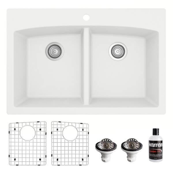 slide 8 of 72, Karran Drop-in Quartz 33 in. Double Bowl 50/50 Kitchen Sink Kit White