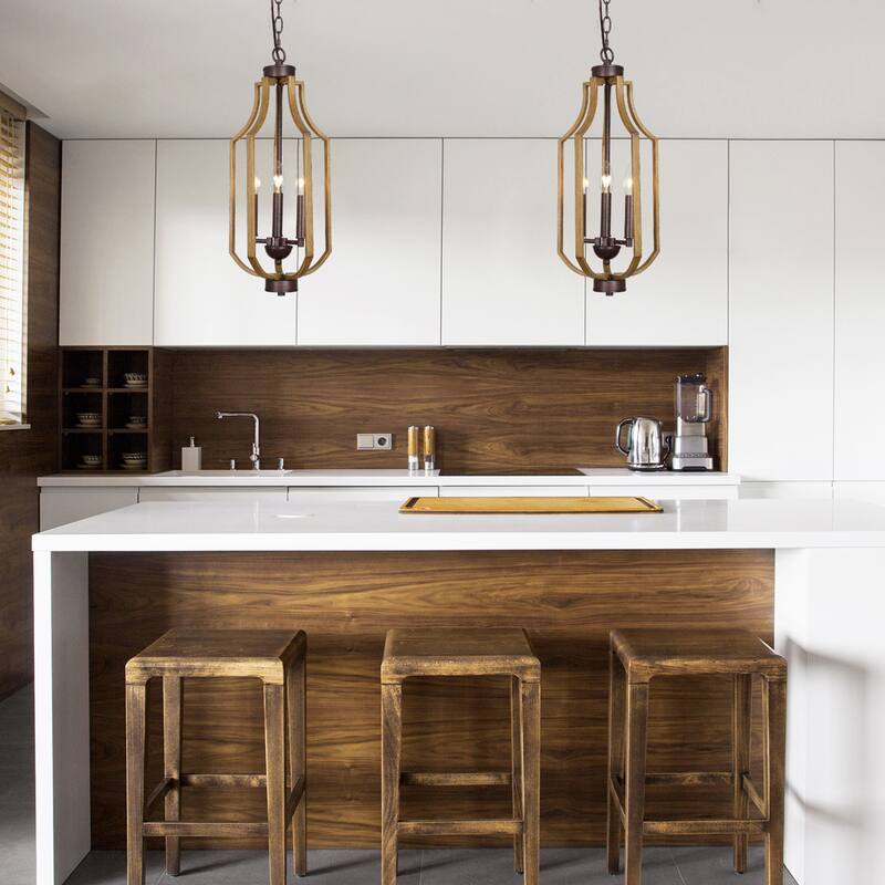 Modern Farmhouse 3-Light Wood Grain Lantern Island Pendant Lights for Dining Room - 9" D x 21" H