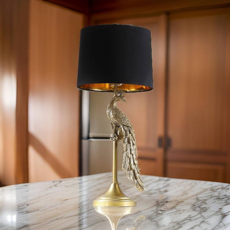 29 Inch Peacock Table Lamp, Gold Polyresin Sculpture, Black Drum Shade
