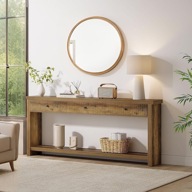 Extra Long Wood Console Table, Oak Sofa Entryway Table with 3 Drawers & Storage Shelves for Living Room, Hallway, Foyer