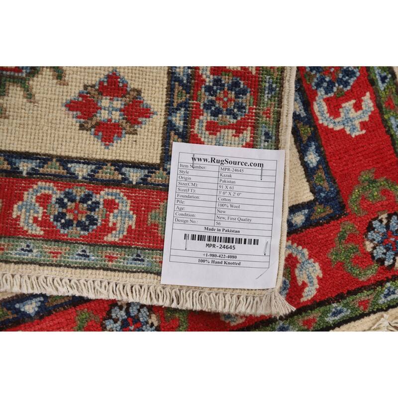 Traditional Kazak Oriental Rug Handmade Beige Wool Carpet - 2'0"x 3'0"