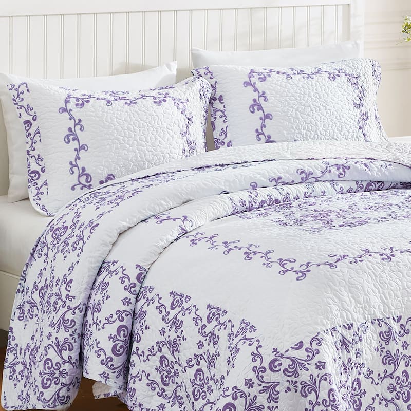 Lovely Damask Embroidered Quilted Pillow Sham - Lavender
