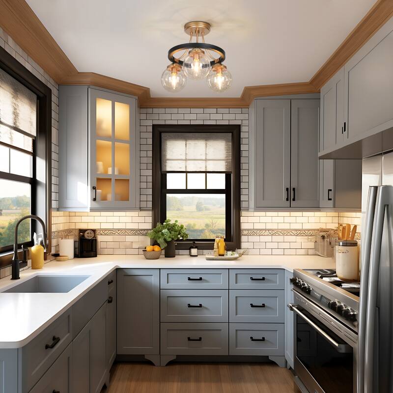 Modern Black Gold 3-Light Seeded Glass Semi-Flush Mount Ceiling Light for Kitchen