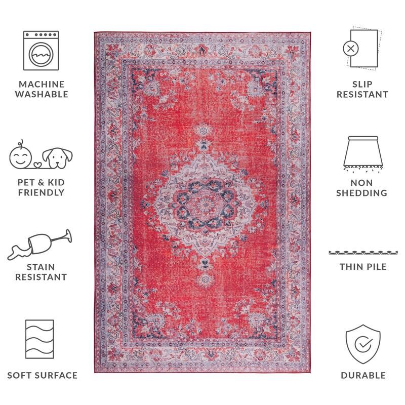 SAFAVIEH Tucson Machine Washable Slip Resistant Mame Traditional Rug - 3' x 5' - Red/Beige