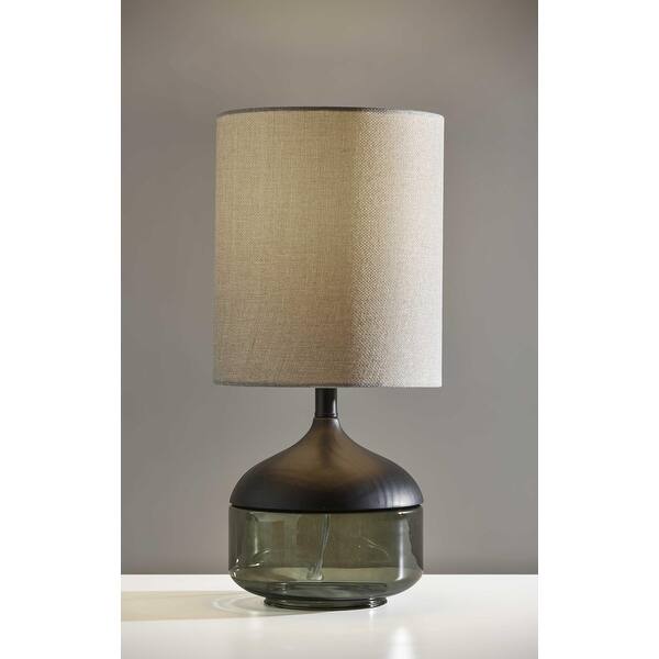 Petite Black Wood Smoked Glass Base With Lightly Textured Round Shade Table Lamp