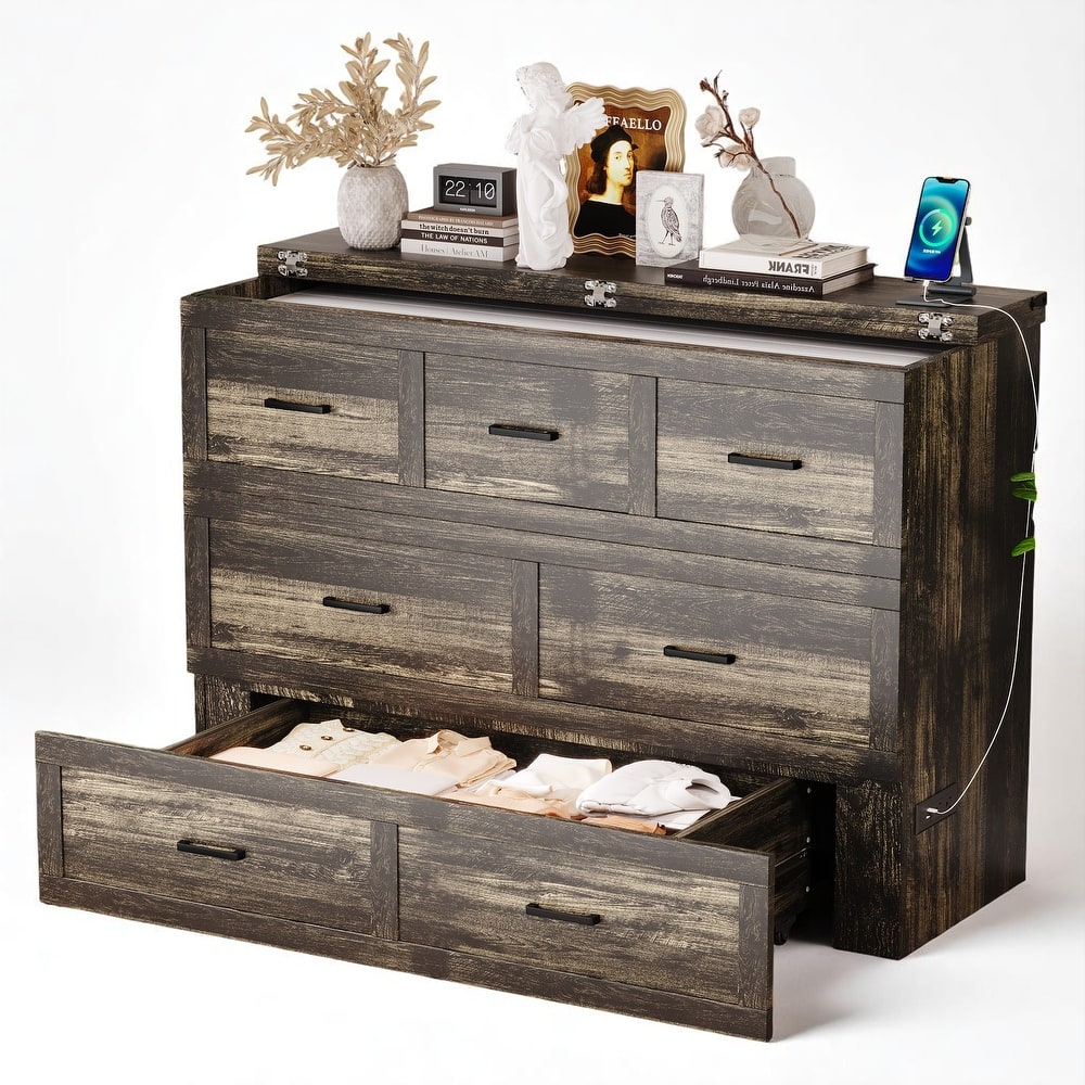 Foldable Murphy Bed Cabinet Full/Queen with USB & Type-C Ports and Storage Drawer for Guest Room