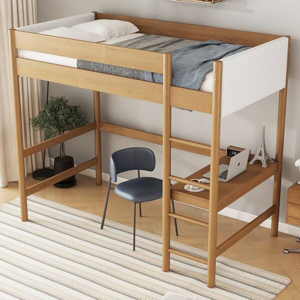 slide 2 of 14, Twin Size Loft Bed Natural Bed Frame with Ladder, Guardrails, Underbed Desk, Teddy Fleece Fabric Headboard Footboard for Student Natural - Twin