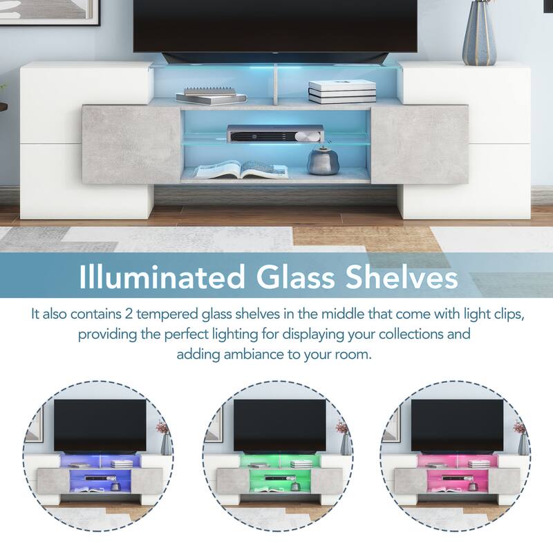 78.7 Modern TV Stand with LED-Lit Glass Shelves, High Gloss Finish, and Ample Storage for Media Devices