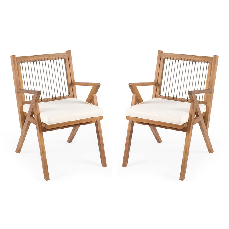 Roomfitters Outdoor Acacia Wood Dining Chairs with Woven Rope Back and Cushions, Teak Set of 2