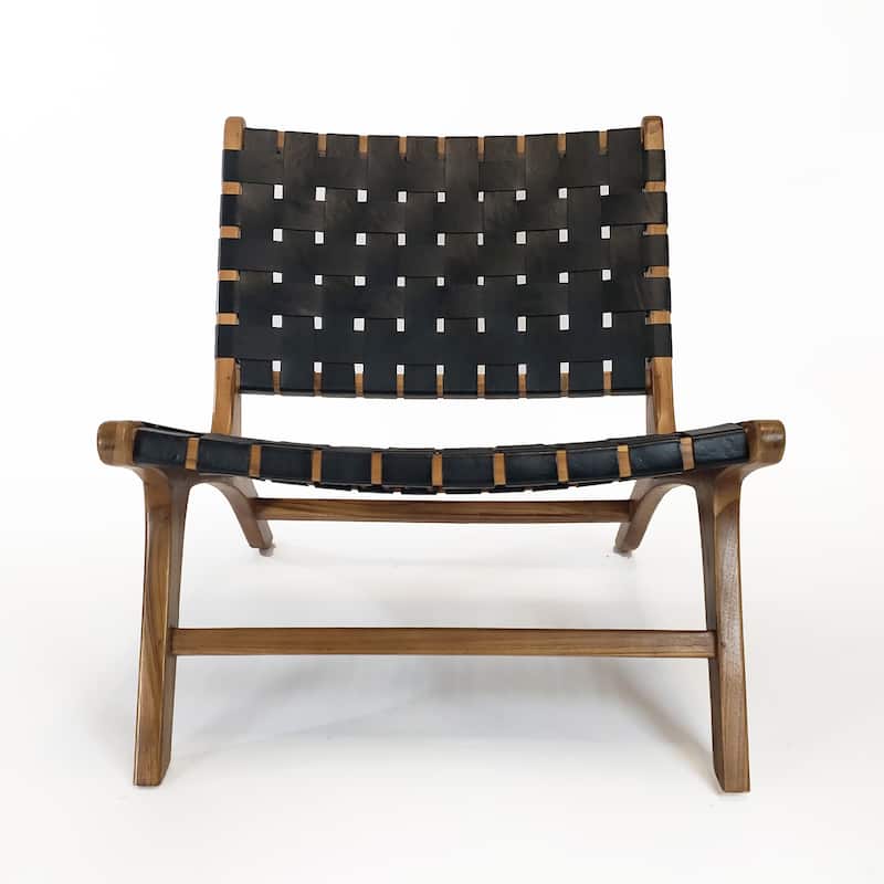 Brisot Square Weave Leather on Teak Wood Lounge Chair