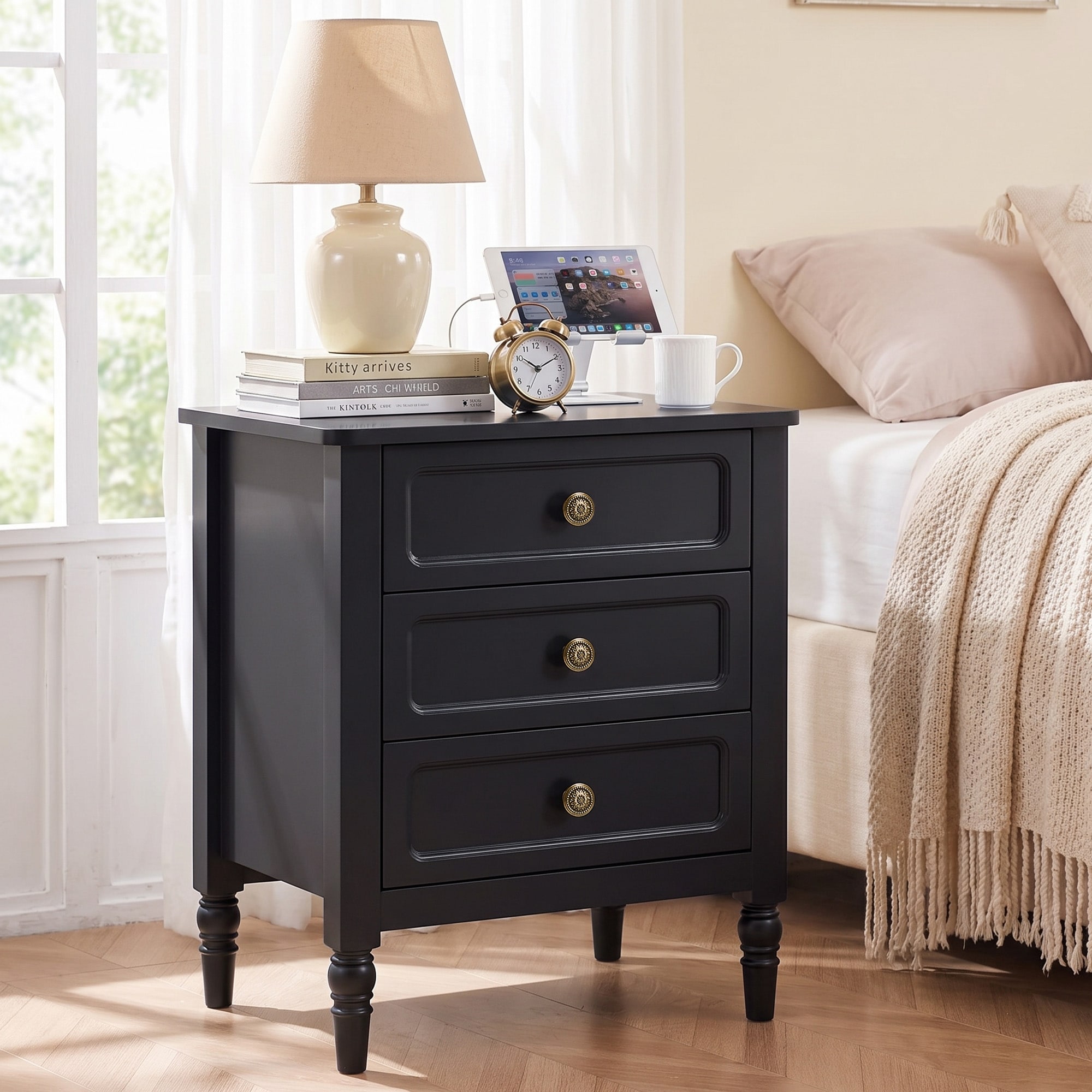 Farmhouse 3-Drawer Nightstand, Wooden Bedside Storage End Table With Bronze Knobs & Solid Wood Legs