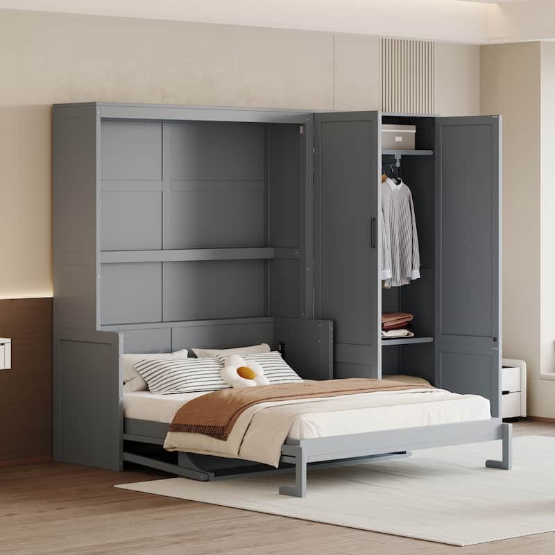 Queen Space-Saving Wall-Mounted Murphy Bed with Built-In Wardrobe and Hydraulic Lift, Side-Folding Design in Modern - Gray