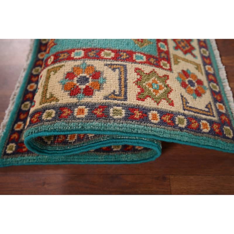 Turquoise Kazak Foyer Rug Hand-Knotted Wool Carpet - 2'0" x 3'0"