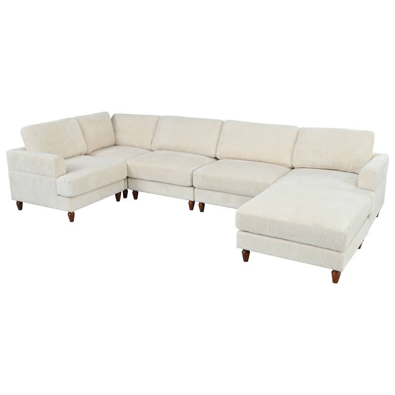 L Shaped Modular Sectional Sofa with Ottoman, Corduroy Upholstered Sleeper Sofa Bed, Corner Sectional Couch with Wooden Legs