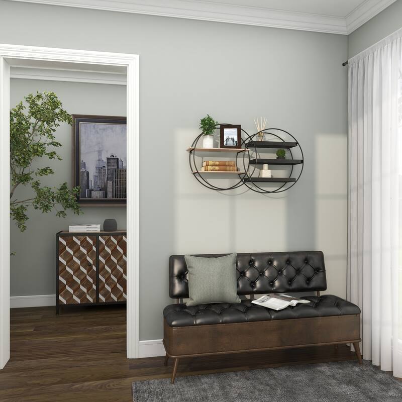 Metal Overlapping Circle 5 Level Geometric Wall Shelf with Wood Accents - Gold or Black