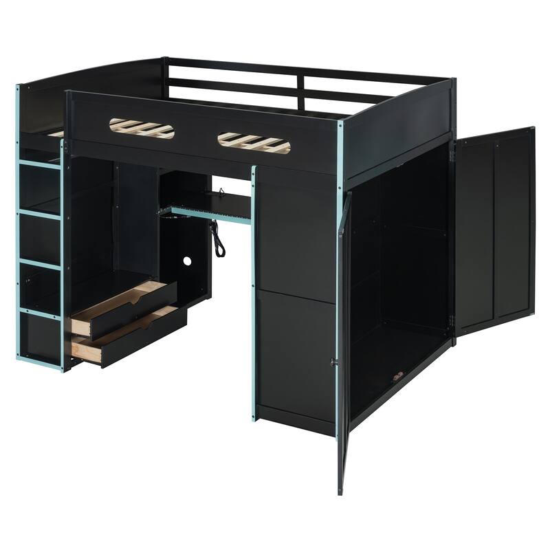 Full Size Wood Loft Bed with Desk, Wardrobe, Ample Storage Space, and RGB Light