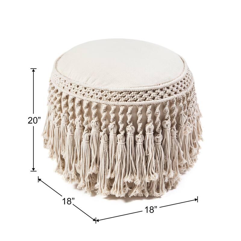 Jani Pretty Bird 18 x 20 Ivory Macrame Pouf Ottoman - Handmade Footrest for Living Room, Bedroom, Nursery