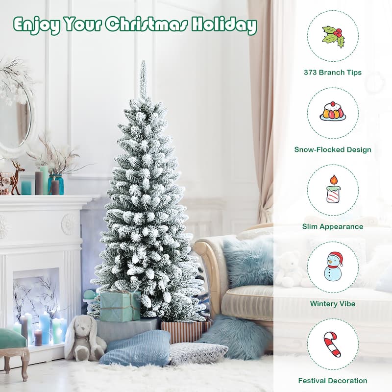 4.5ft Snow-Flocked Hinged Artificial Christmas Pencil Tree w/ 373 - See details