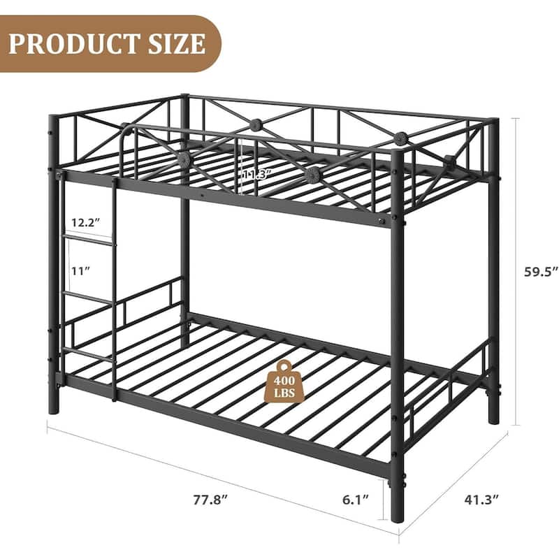 Metal Bunk Bed Twin Over Twin, with Safety Guard Rails