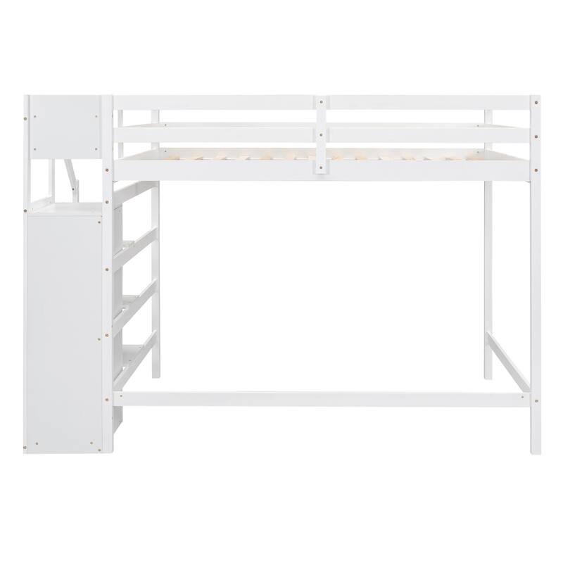 White Full Size Loft Bed with Storage Wardrobe & Staircase, Space-Saving Design