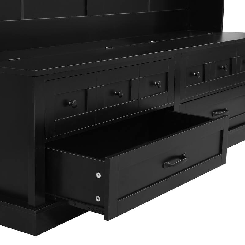 Elegant Wide Hall Tree with 5 Hooks, Versatile Entryway Lift Top Storage Bench with 2 Drawers