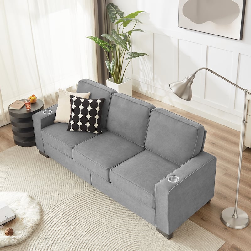 Snowfleece Upholstered Sofa Modern 3 Seater Straight Row Couch, Armrests with Built-in Dual Cup Holders and Removable Cushions - Grey