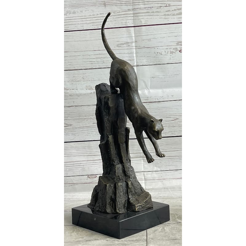 Panther Cougar Mountain Lion Cat Leaping Pouncing Down Bronze Sculpture Statue Art