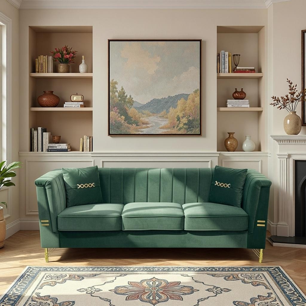 Chesterfield Velvet Button Tufted Sofa, Luxury 3-Seater Couch with 2 Pillows