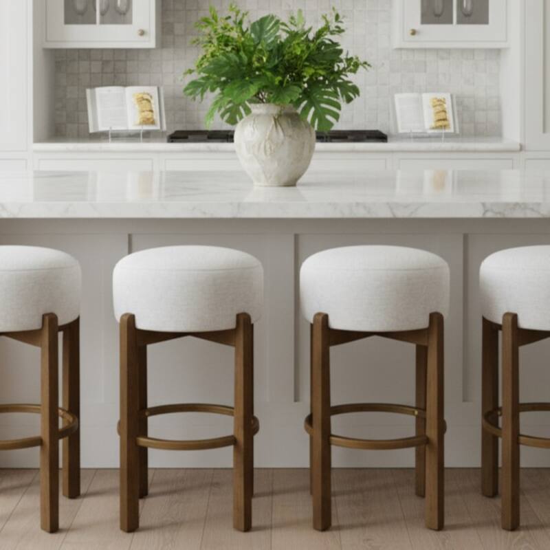 Roomfitters Vera Indoor Wooden Barstools with Round Ivory Seat, Dark Walnut Finish - Set of 2