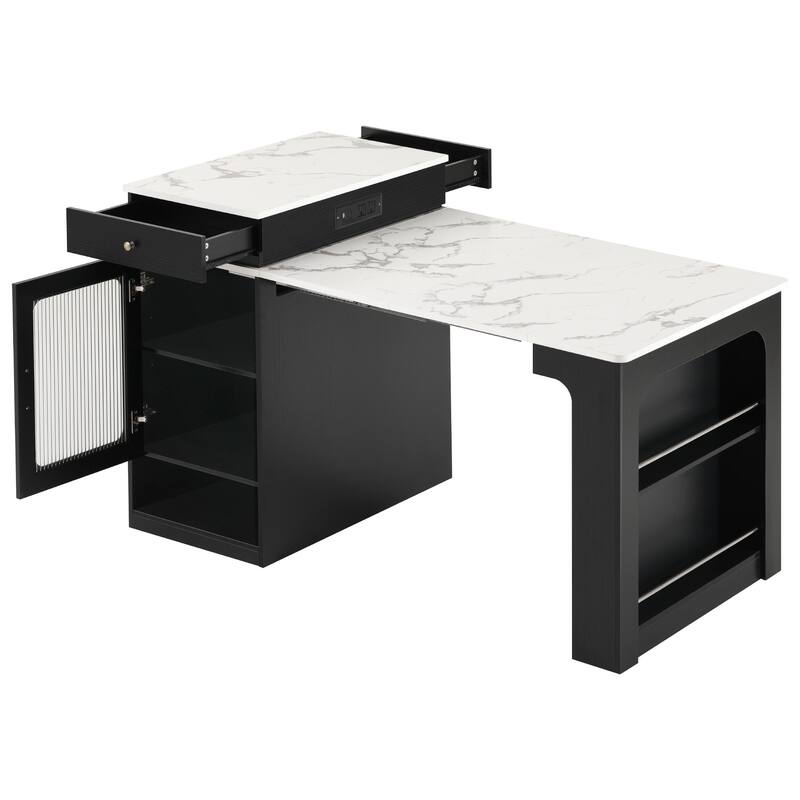 Kitchen Island with Extendable Dining Table, Kitchen Storage Table with 2 Drawers, Power Outlet, Open Shelves, for Diningroom