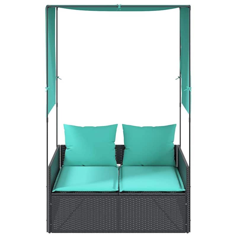 vidaXL Double Sun Lounger with Roof and Curtains Poly Rattan Brown/Gray/Black - 17.0 x 18.3 x 29.0