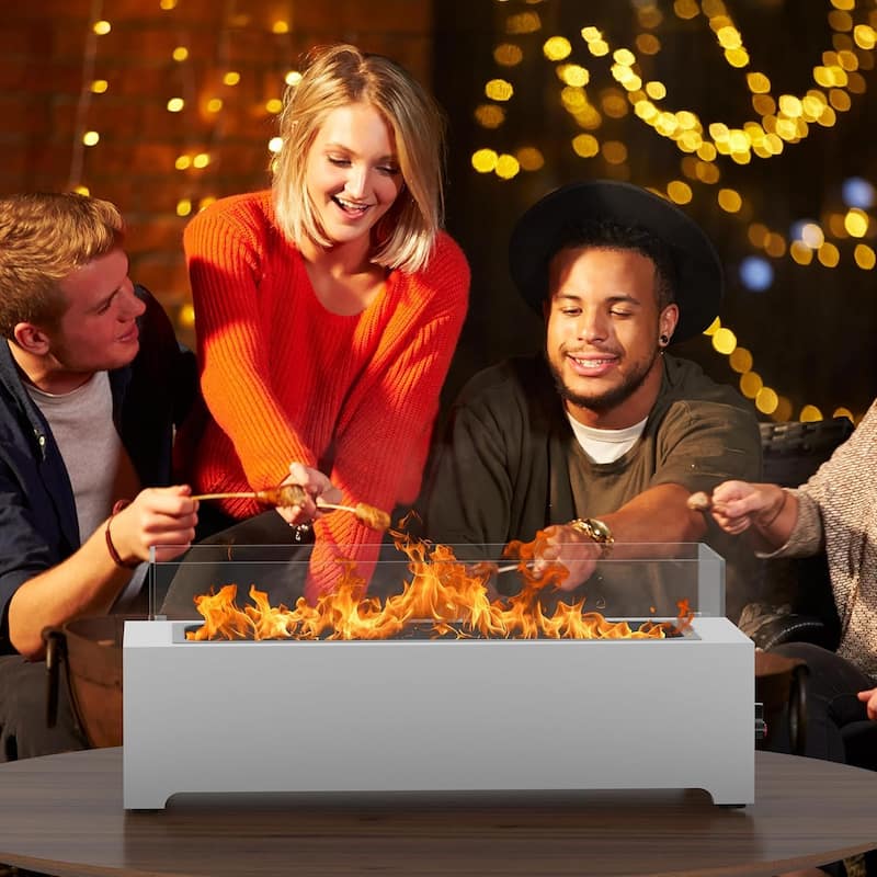 EROMMY 28" Propane Tabletop Fire Pit, 40,000 BTU Stainless Steel, Indoor/Outdoor Use with Wind Guard & Glass Rocks