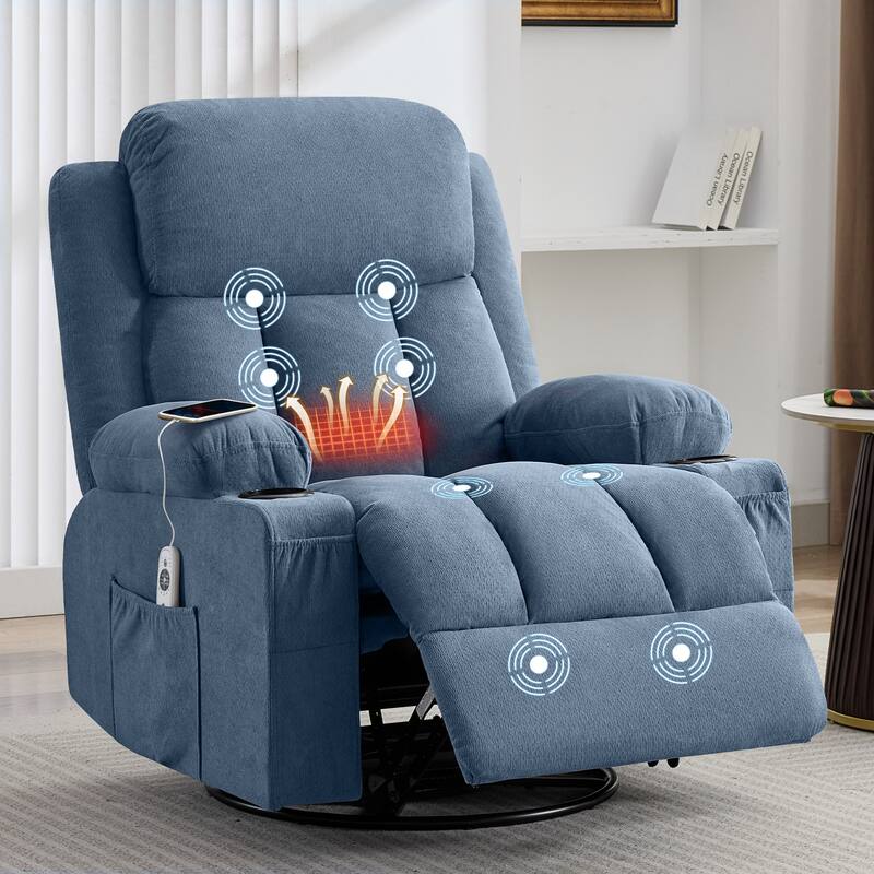 Swivel Rocker Recliner with Vibration Massage Heat USB Port Cup Holders